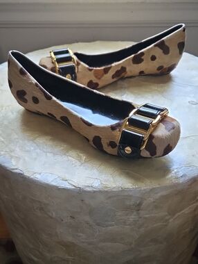 Tory Burch Leopard Print Haircalf Flats with Black & Gold Accent